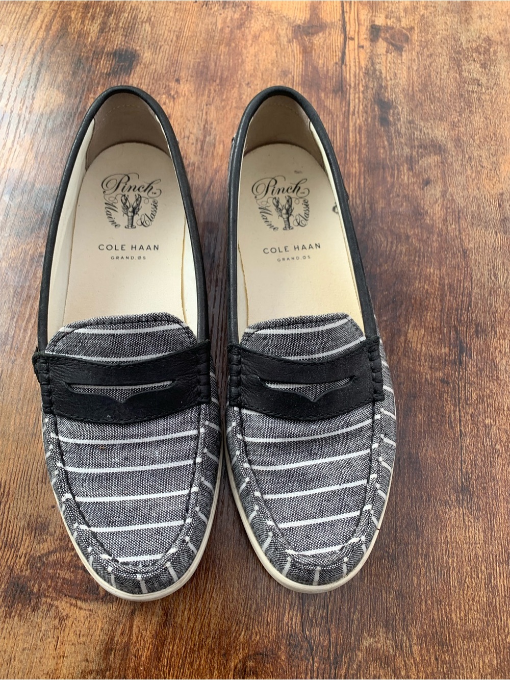 Cole Haan Black and Gray Striped Penny Loafers with Leather Trim